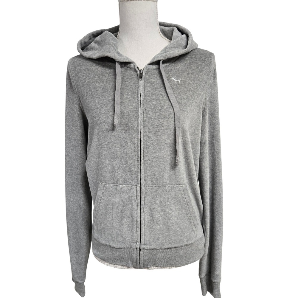 Victoria's Secret PINK Sequin Love Pink Full Zip Hoodie Sweatshirt Gray Sz L VTG